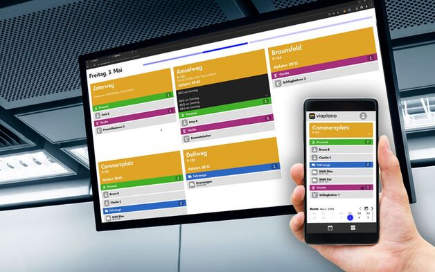 Viaplano Ansicht der Einsatzplanung auf Bildschirm und Smartphone